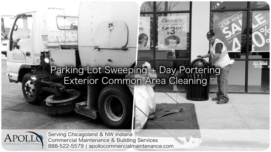 Parking lot sweeping plus day portering is the 1-2 punch your exterior commercial property maintenance needs.
